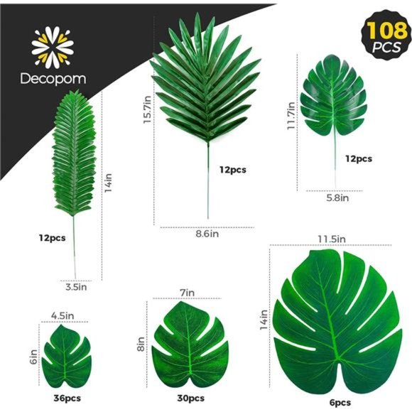 108 Pack Palm Leaves Artificial Tropical Monstera 6 Kinds Large Small Green Fake - Picture 4 of 7